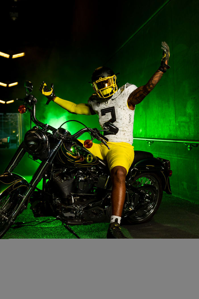 Dylan Williams poses on the Oregon Harley during a trip to Eugene.
